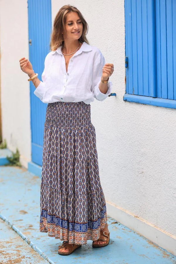 Floaty maxi skirt with blue oval ethnic print