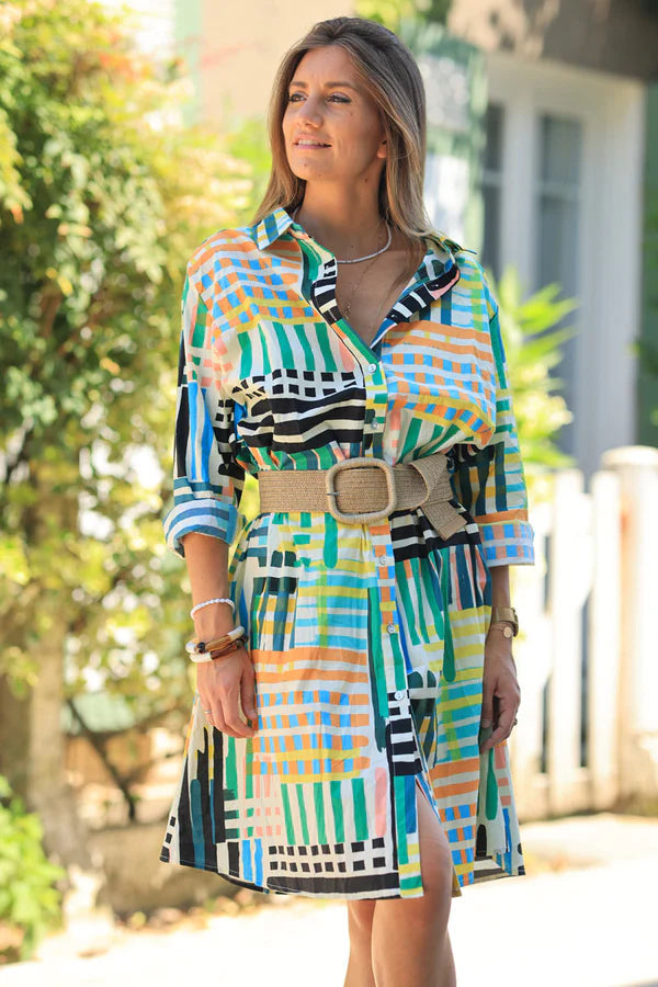 Floaty shirt dress with colorful geometric pattern