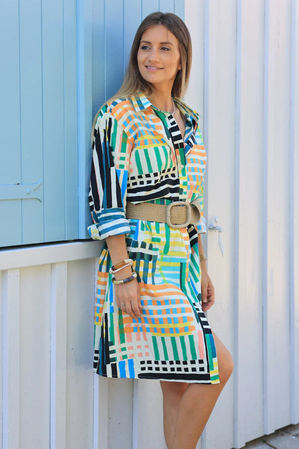 Floaty shirt dress with colorful geometric pattern