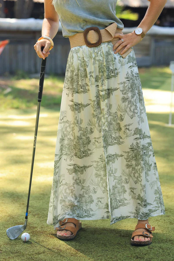 Floaty skirt with front slit and khaki toile de jouy print