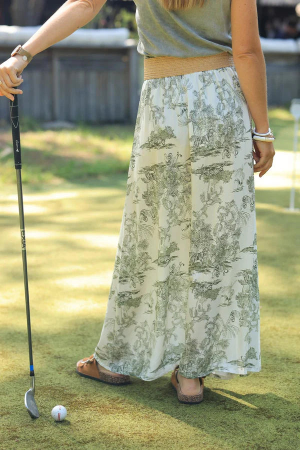 Floaty skirt with front slit and khaki toile de jouy print