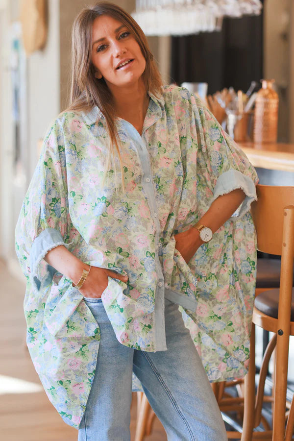 Floral and Denim Slouchy Cotton Button-Down Shirt