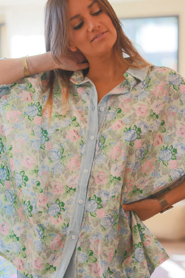 Floral and Denim Slouchy Cotton Button-Down Shirt