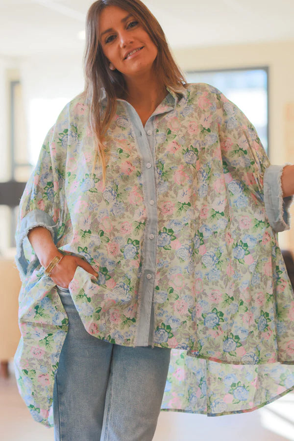 Floral and Denim Slouchy Cotton Button-Down Shirt