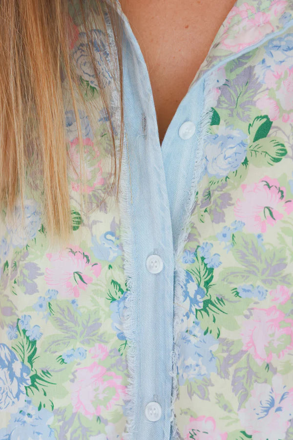 Floral and Denim Slouchy Cotton Button-Down Shirt