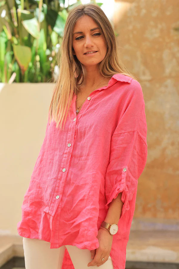 Fuchsia 3/4 length sleeve longline linen shirt