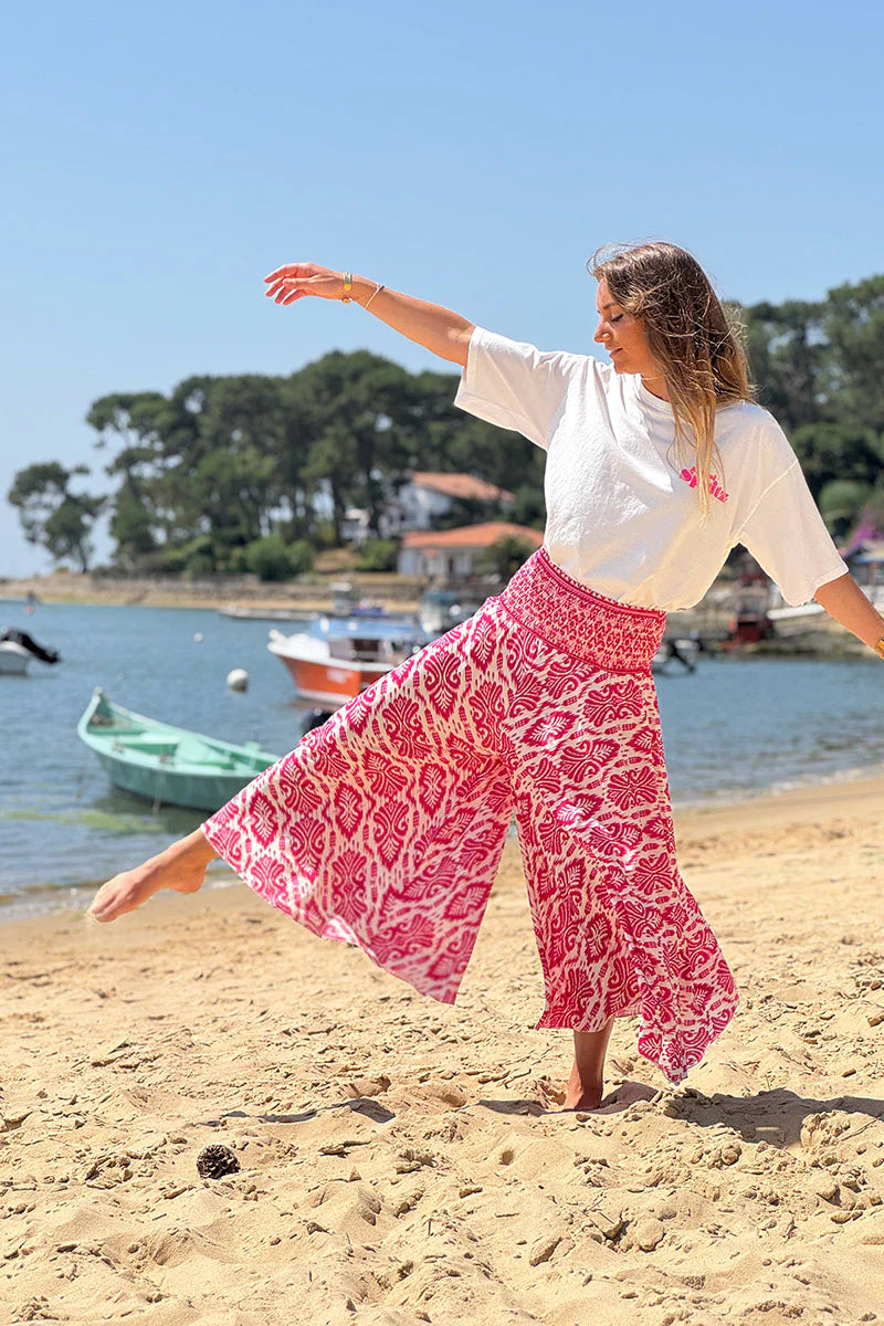Fuchsia Batik Scroll Wide-Leg Pants