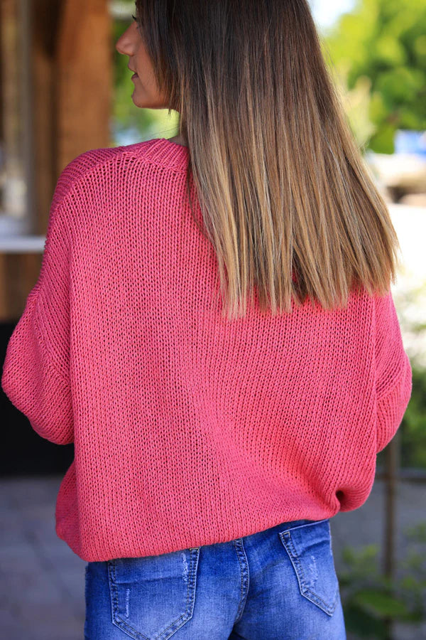 Fuchsia chunky cotton knit short sleeve jumper