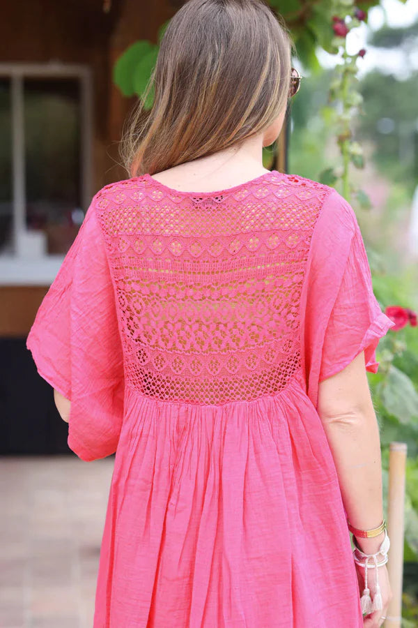 Fuchsia floaty cotton dress with lace detail