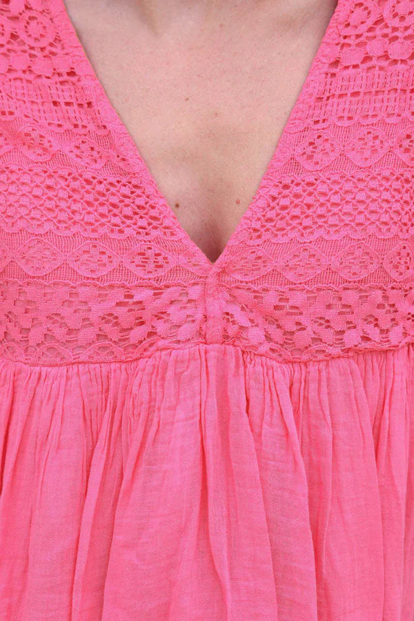 Fuchsia floaty cotton dress with lace detail