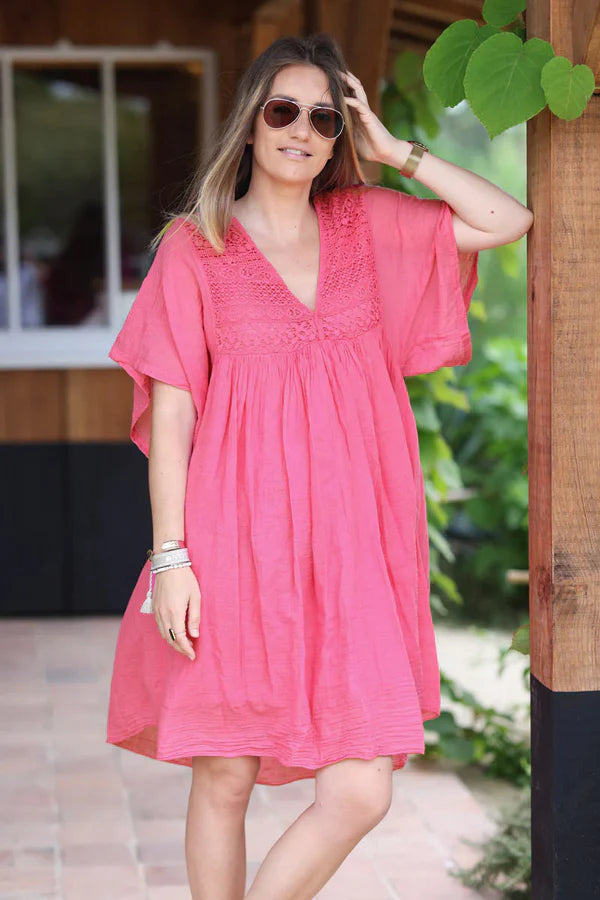 Fuchsia floaty cotton dress with lace detail