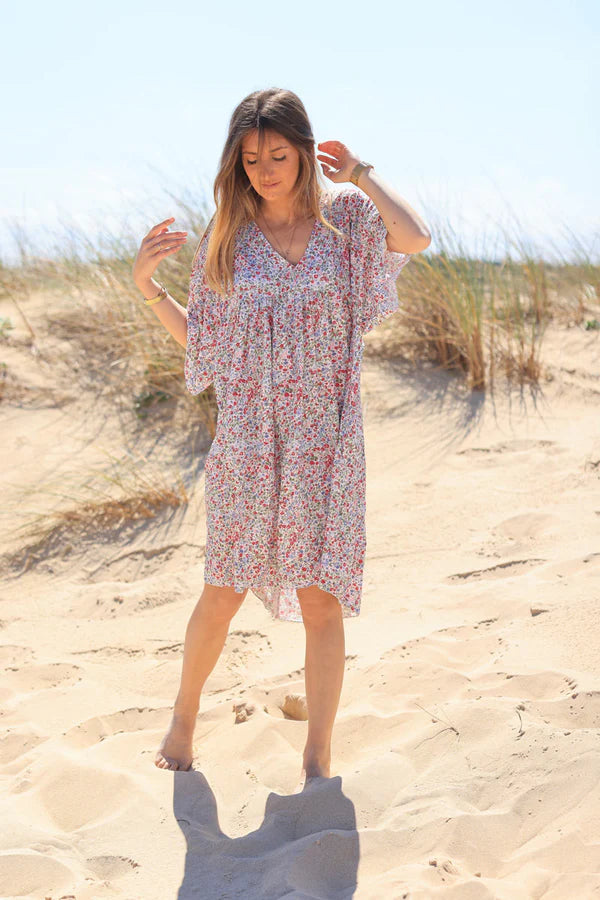 Fuchsia liberty print flowing smock dress Jeanne