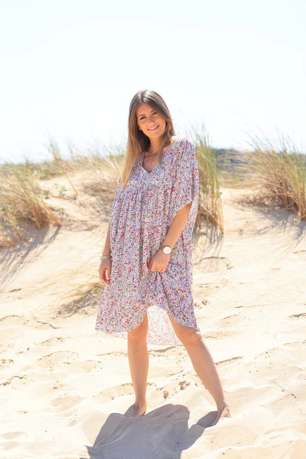 Fuchsia liberty print flowing smock dress Jeanne