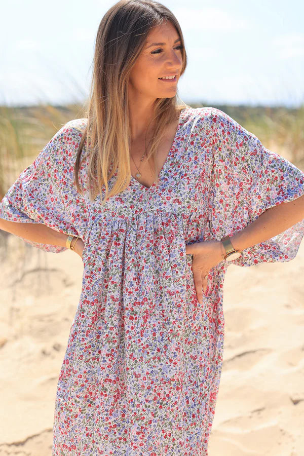 Fuchsia liberty print flowing smock dress Jeanne