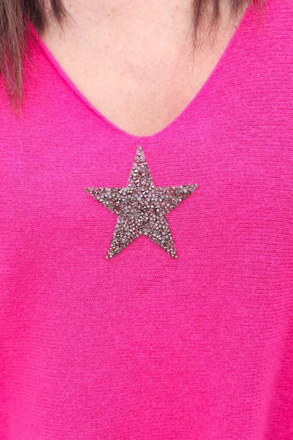 Fuchsia oversized super soft sweater with silver rhinestone star