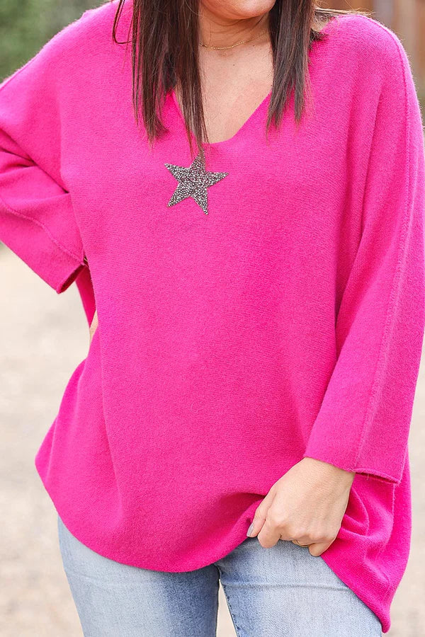 Fuchsia oversized super soft sweater with silver rhinestone star