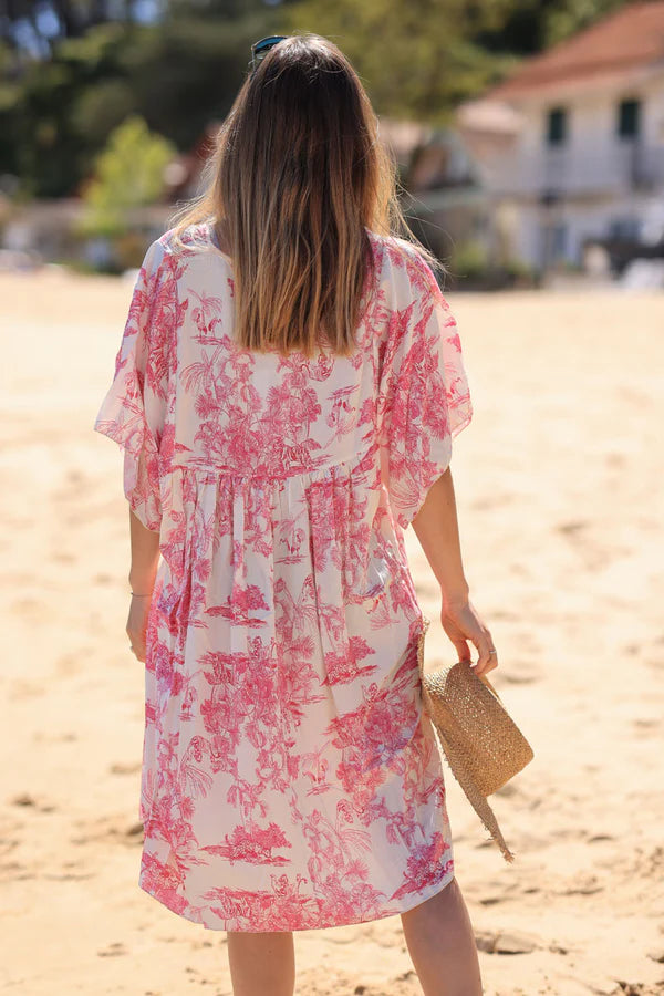 Fuchsia short smock dress in toile de jouy print