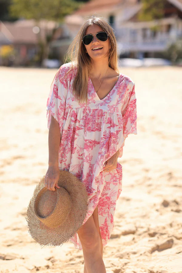 Fuchsia short smock dress in toile de jouy print