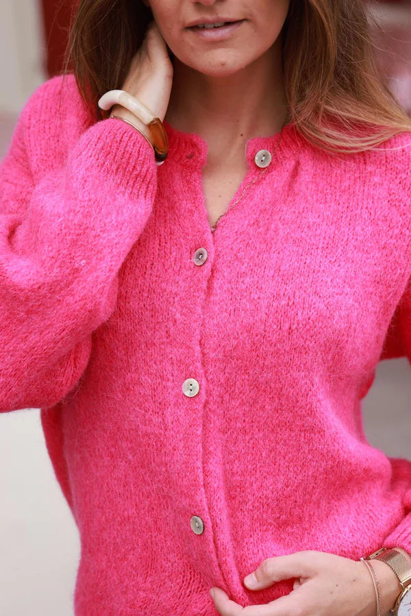 Hot Pink Soft Knit Alpaca Wool Blend Cardigan