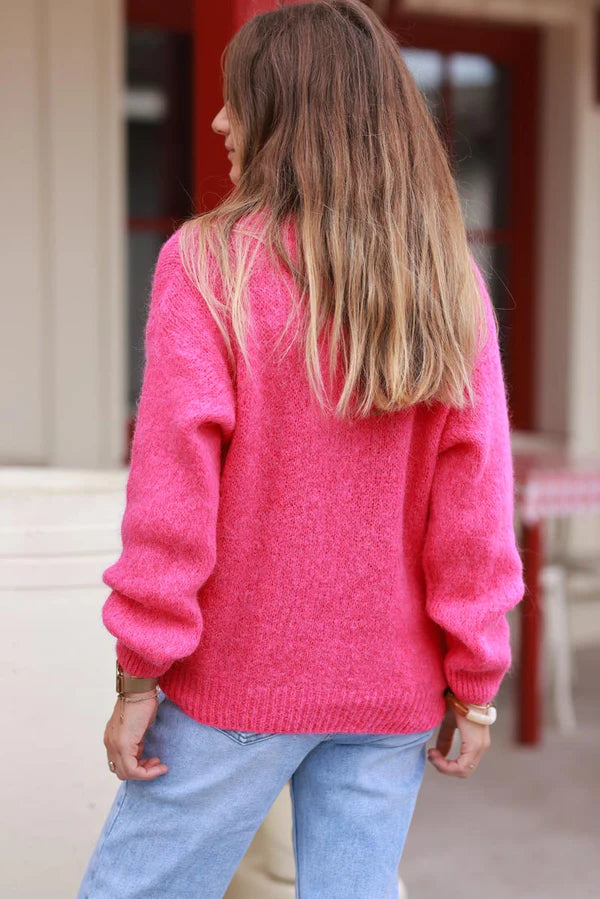 Hot Pink Soft Knit Alpaca Wool Blend Cardigan