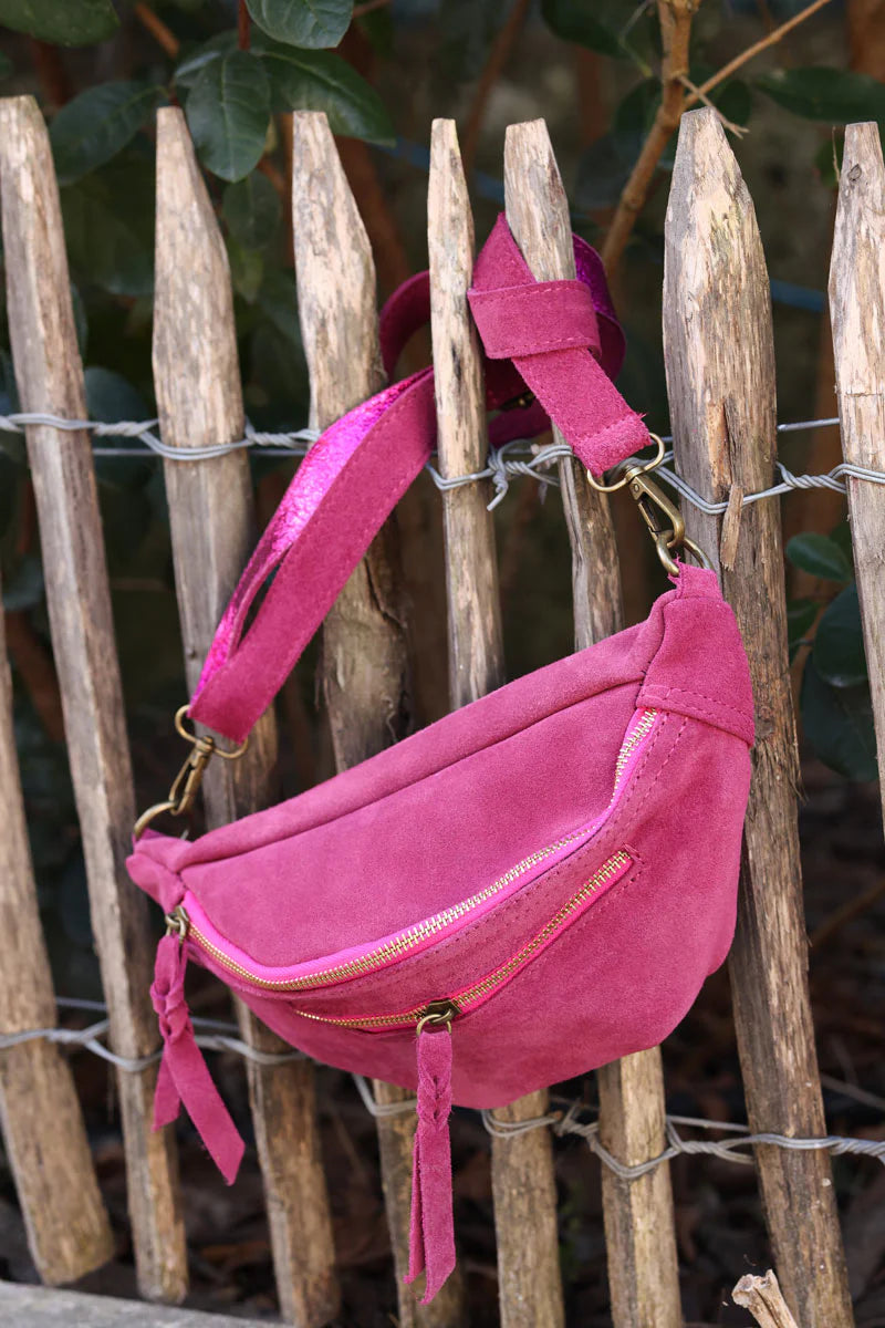 Fuchsia suede leather bumbag fanny pack gold double zip