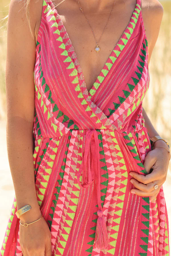 Fuchsia V-neck strappy maxi dress with ethnic style threading