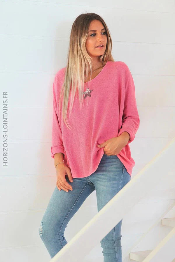 Fuchsia V-neck Sweater with small Sequin Star