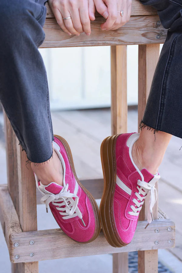 Hot pink and white Sueded Striped Sport Sneakers