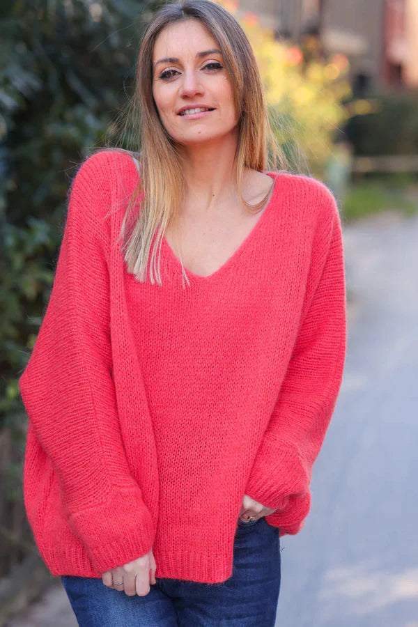 Fuchisa Woollen V-Neck Sweater with Batwing Sleeves