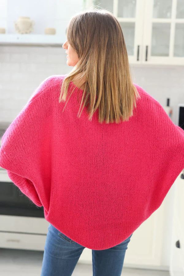 Fuchisa Woollen V-Neck Sweater with Batwing Sleeves