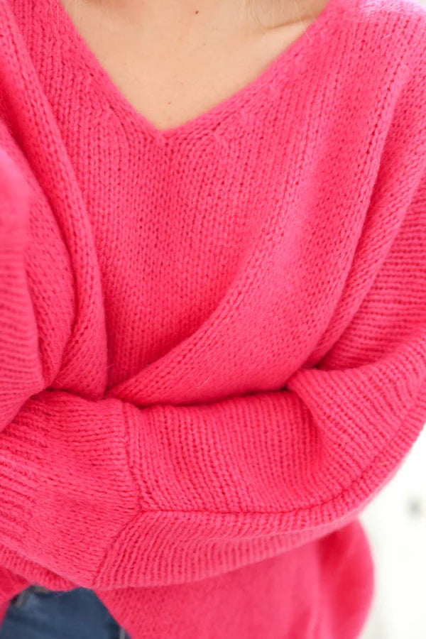 Fuchisa Woollen V-Neck Sweater with Batwing Sleeves