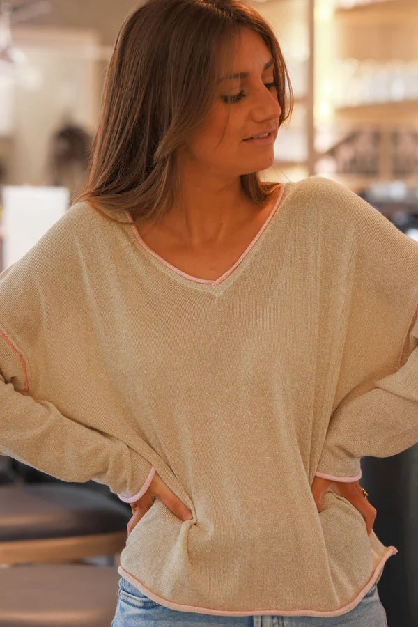 Gold V-Neck Inverted Seam Knit Top