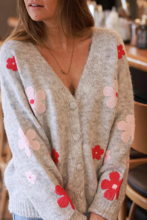 Gray Flower Power Wool Blend Cardigan