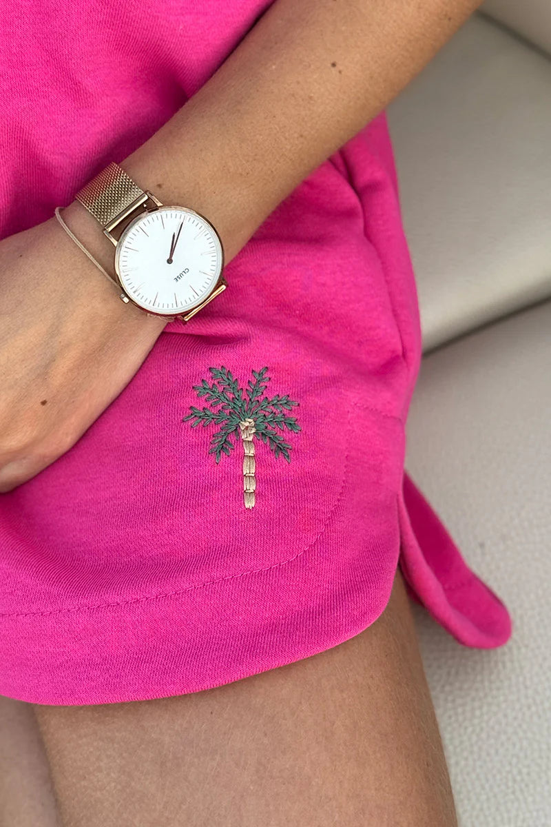 Hot Pink Embroidered Palm Drawstring Shorts