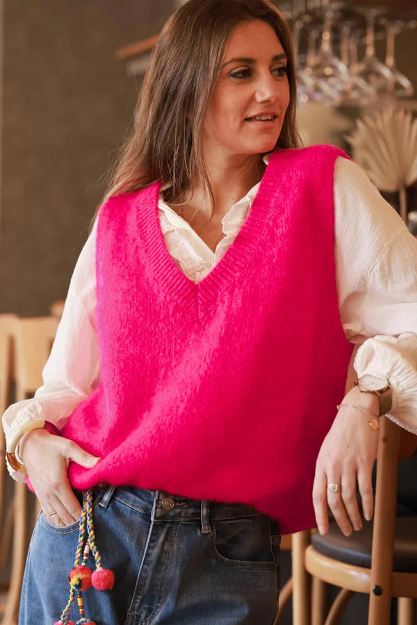 Hot Pink Kid Mohair Blend Sleeveless Sweater, ribbed v-neck