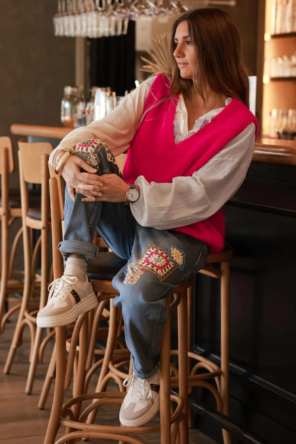 Hot Pink Kid Mohair Blend Sleeveless Sweater, ribbed v-neck