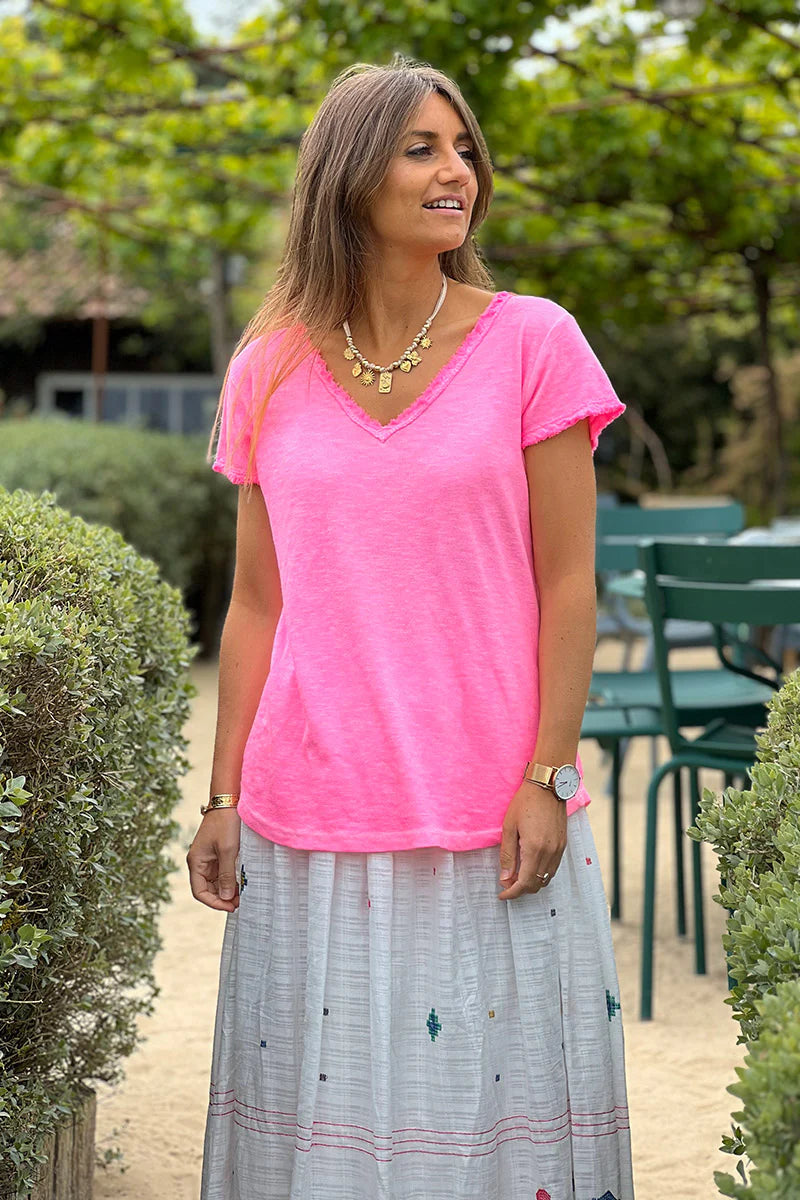 Hot pink Stretch Cotton Tee with Raw Hems