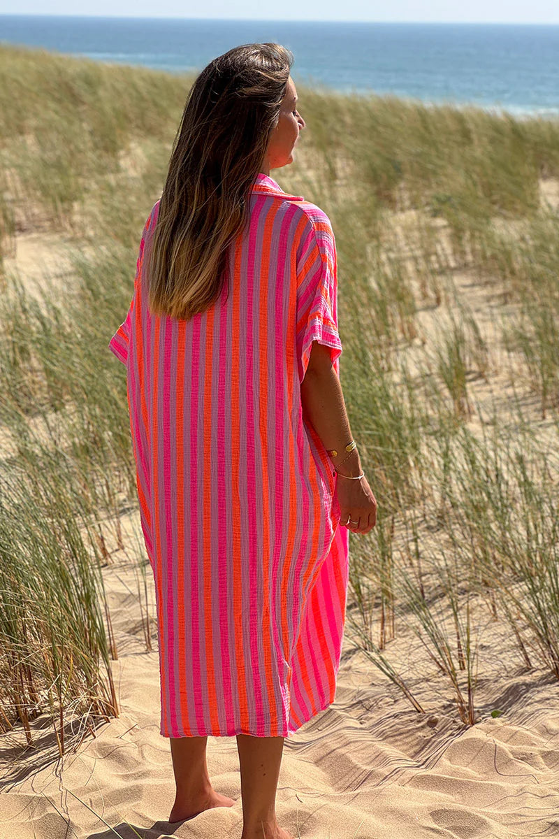 Hot Pink Striped Cabana Shirt Dress