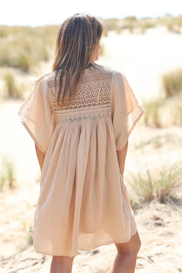 Ice brown floaty cotton dress with lace detail