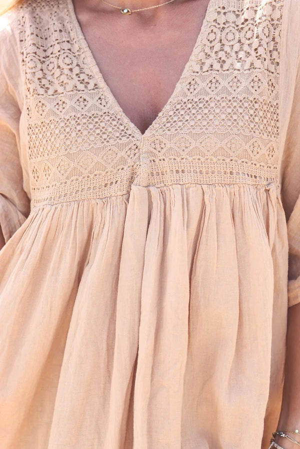 Ice brown floaty cotton dress with lace detail