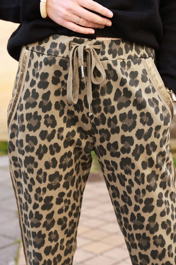 Ice brown Leopard print comfort sweat pants with satin outseams