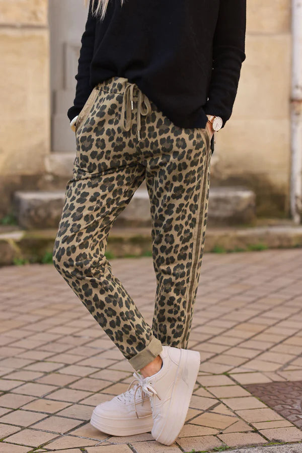 Ice brown Leopard print comfort sweat pants with satin outseams