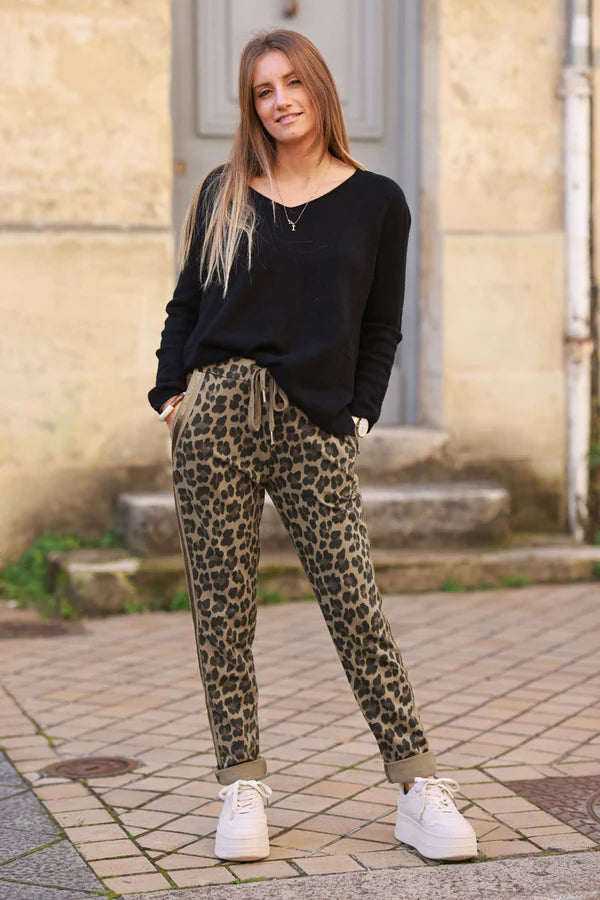 Ice brown Leopard print comfort sweat pants with satin outseams