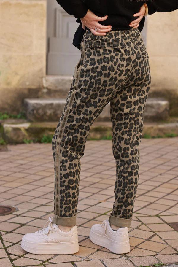 Ice brown Leopard print comfort sweat pants with satin outseams