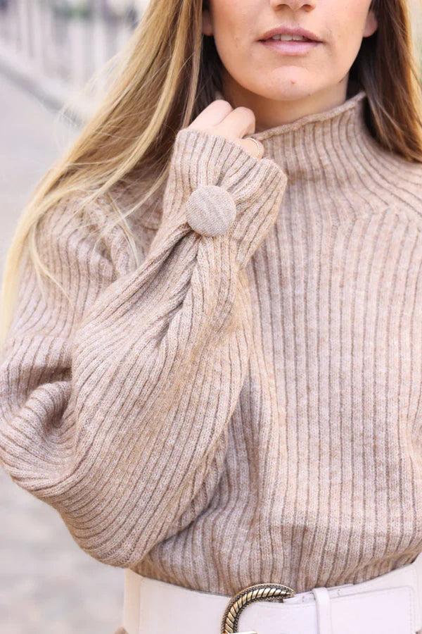 Ice brown Ribbed Sweater Dress with Funnel Neck and Button Cuffs