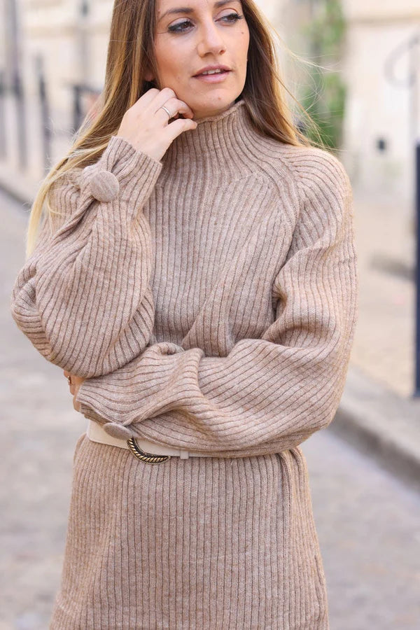 Ice brown Ribbed Sweater Dress with Funnel Neck and Button Cuffs