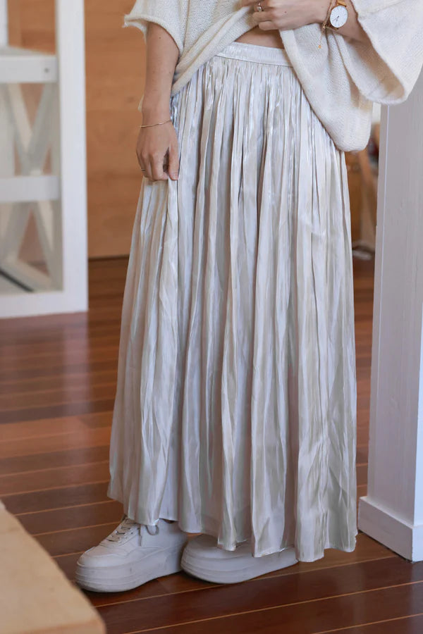 Iridescent Beige Soft Pleated Maxi Skirt