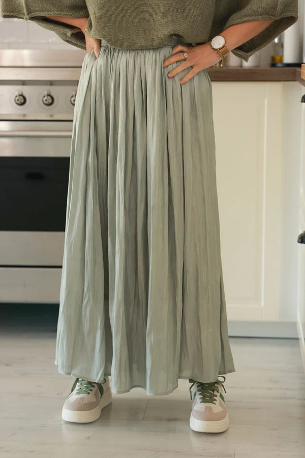 Iridescent Light olive Soft Pleated Maxi Skirt