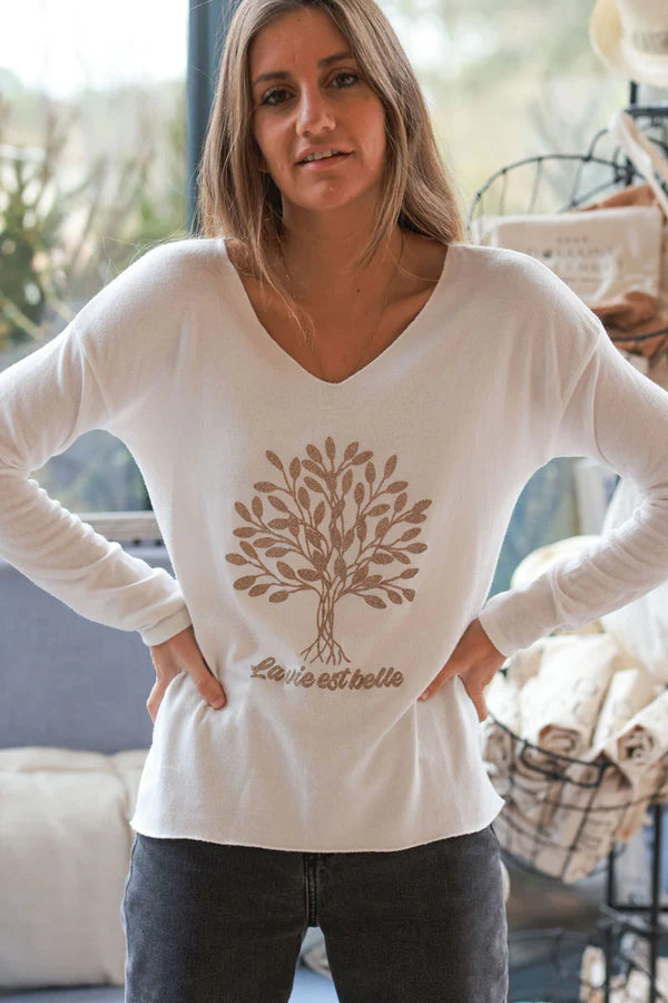 Cream “La Vie Est Belle” Gold Glitter Tree Long-Sleeve Tee