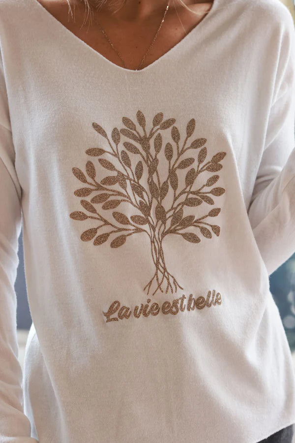 Cream “La Vie Est Belle” Gold Glitter Tree Long-Sleeve Tee